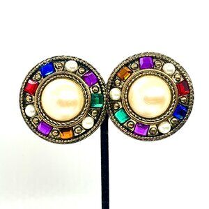 VINTAGE RUNWAY STATEMENT Faux Pearl Multicolor Rhinestone Clip On Earrings 80s